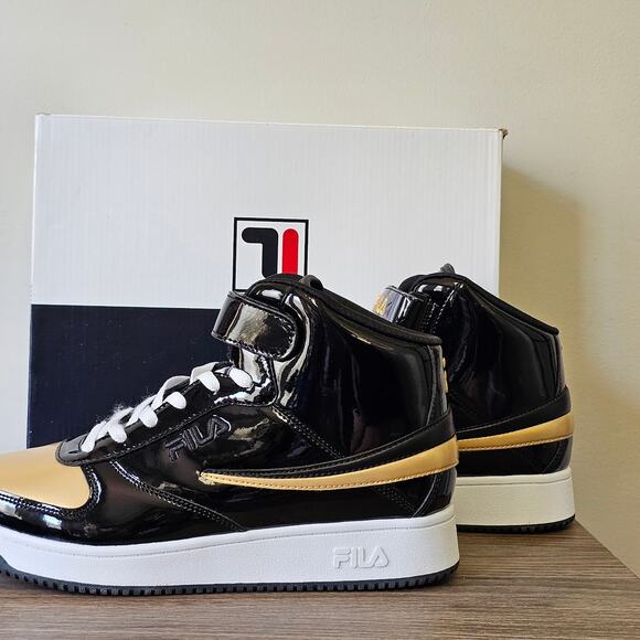 Fila Men's A High Patent Leather High Top Casual Size 10 Black Gold NWT - Picture 1 of 8
